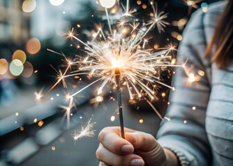 Hand holding burning Sparkler blast on a black bokeh background at night,holiday celebration event party,dark vintage tone