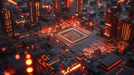 Obraz premium futuristic digital metropolis with dynamic data flow animation, 3D rendered circuitry, and motherboard visualization, representing an innovative hub for information technology and IoT connectivity