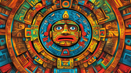 Obraz premium A decorative mosaic showcasing the intricate design of an ancient aztec calendar stone with vibrant details. Aztec Calendar. Illustration