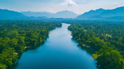 Beautiful natural scenery of river in southeast Asia tropical green forest  with mountains in background aerial view drone shot : Generative AI