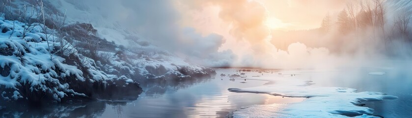 Naklejka premium Steaming hot springs in a snowy landscape, illustrating the dual nature of water as both life-giving and mysterious, hot springs, duality of water