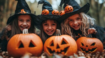 Fototapeta premium Halloween Celebrations with Witches and Pumpkins in an Autumn Forest Setting