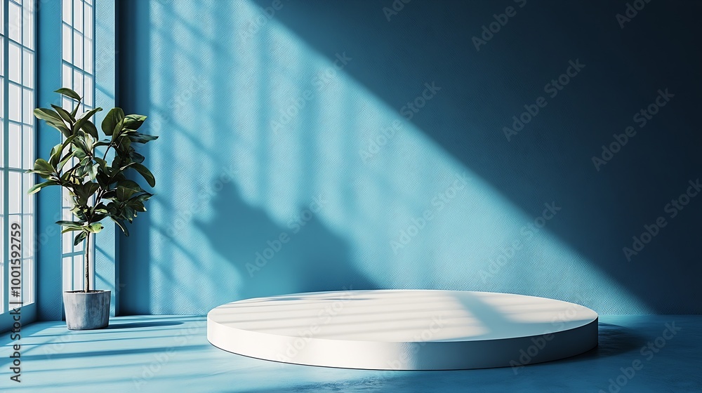 Leinwandbilder podium stand and deep shadow on blue wall background background for product front view mockup : gene