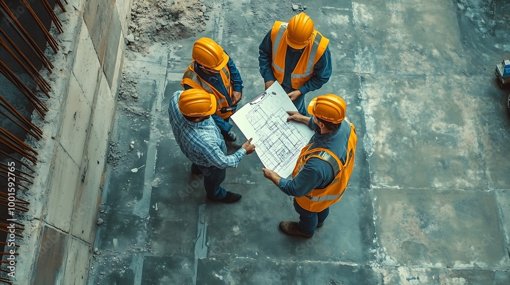 Fototapete Top down aerial view of architect engineer team shake hands and discussing about building construction Group of diverse people working together to plan and design by using blueprint Al : Generative AI