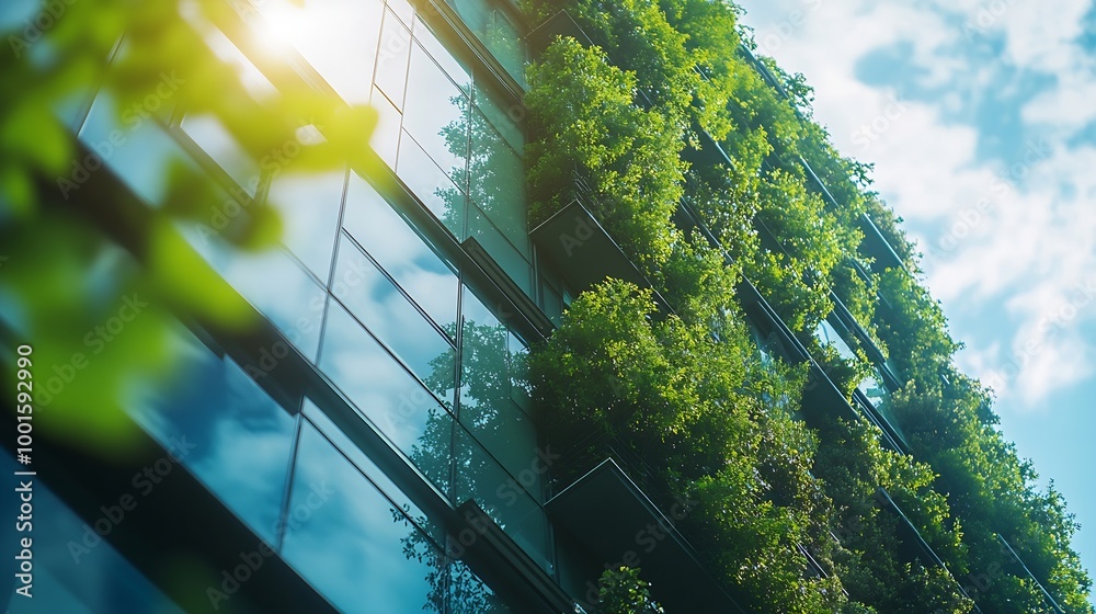 Aufkleber selective focus on tree and eco friendly building with vertical garden in modern city green tree for