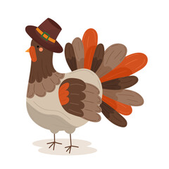 Charming Thanksgiving turkey illustration in pilgrim hat on white isolated background. Cute vector thanksgiving bird - symbol of traditional family holiday. For holiday decor, posters, postcards.