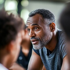 Fototapeta premium Strategic Basketball Coach Leading Team Discussion During Time Out, Emphasizing Leadership and Tactics in Sports