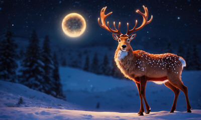 Fototapeta premium A deer stands in a snowy field under a full moon at night
