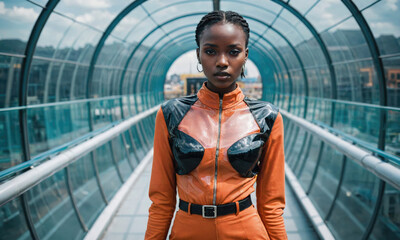 A woman in an orange jumpsuit walks through a glass tunnel in the city