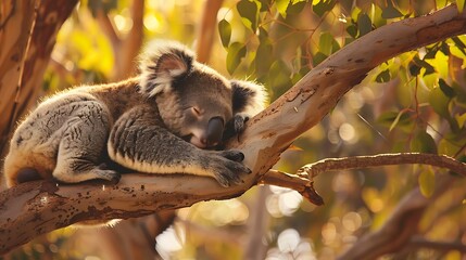 Naklejka premium Sleepy Koala Resting On A Tree Branch In The Australian Bush