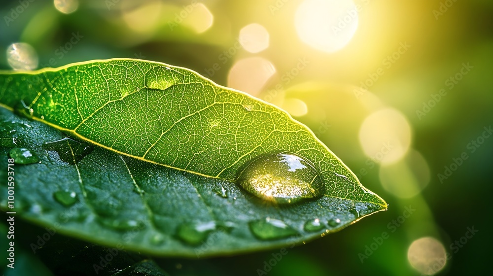 Aufkleber beauty transparent drop of water on a green leaf macro with sun glare beautiful artistic image of en