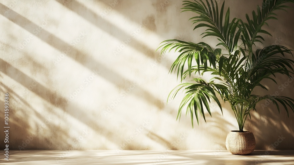 Poster minimal product placement background with palm shadow on plaster wall luxury summer architecture int