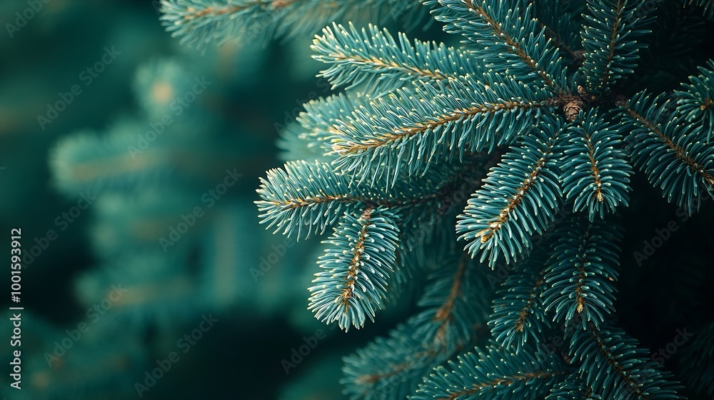 Aufkleber green branches of a pine tree closeup short needles of a coniferous tree closeup on a green background texture of needles of a Christmas tree closeup : Generative AI