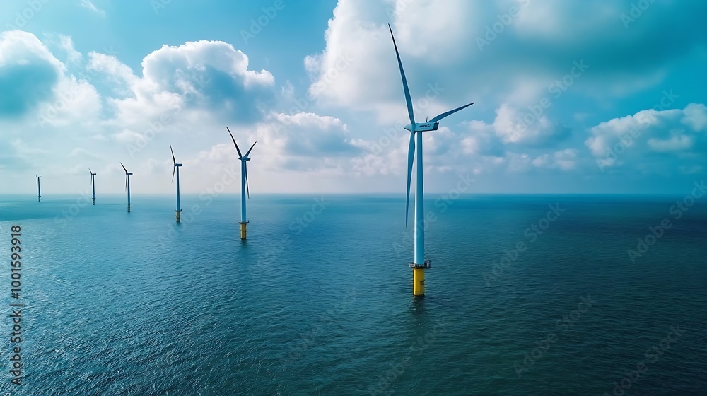 Poster offshore windmill park with clouds and a blue sky windmill park in the ocean aerial view with wind t