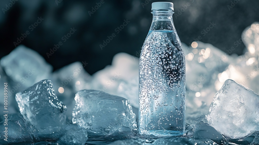 Poster a glass bottle with cold natural drinking water stands on an ice podium against a background of tran