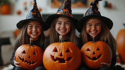 Fototapeta premium Halloween Celebrations with Witches and Pumpkins in an Autumn Forest Setting