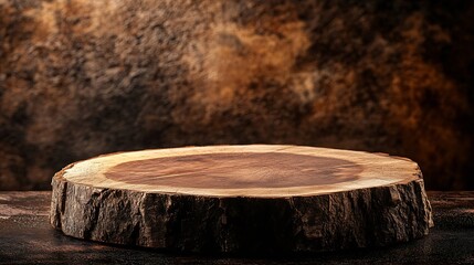 Fototapeta premium Rustic wood podium display for food perfume jewellery and cosmetic products on dark brown background Front view : Generative AI