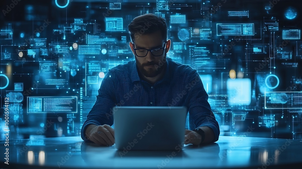 Poster thoughtful businessman programmer in casual wear typing on laptop at office workplace concept of tec