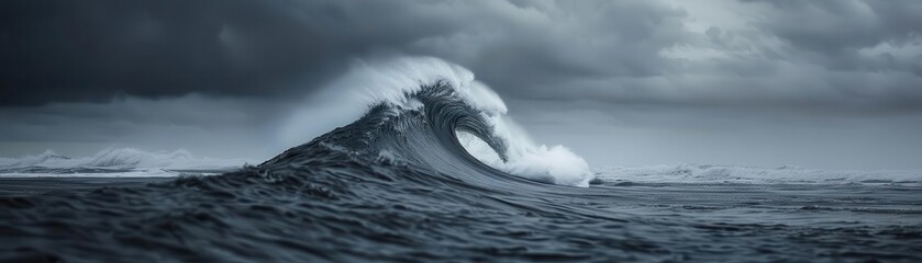 Tsunami wave building on the horizon, ominous and unstoppable, capturing the destructive force of water, tsunami wave, destruction and awe