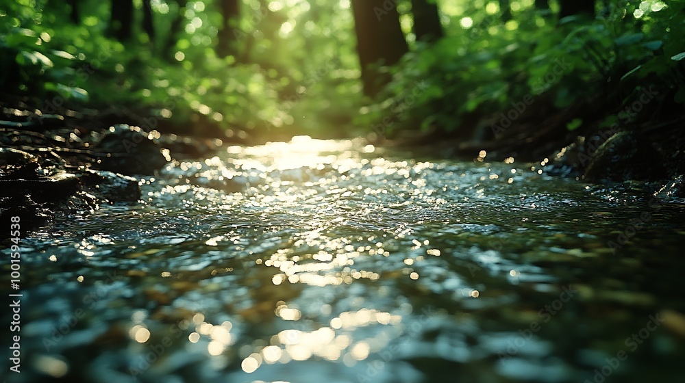 Poster Spring background Stream of water in the forest : Generative AI