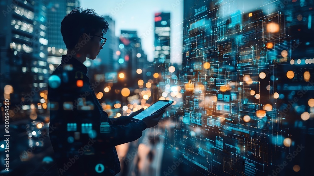 Fototapete Digital marketing data exchange global business Businessman using digital tablet computer double exposure with smart city online marketing data transfer global internet network technol : Generative AI