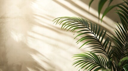 Obraz premium Minimal product placement background with palm shadow on beige plaster wall Luxury summer architecture interior aesthetic Boho home room for product platform stage mockup : Generative AI