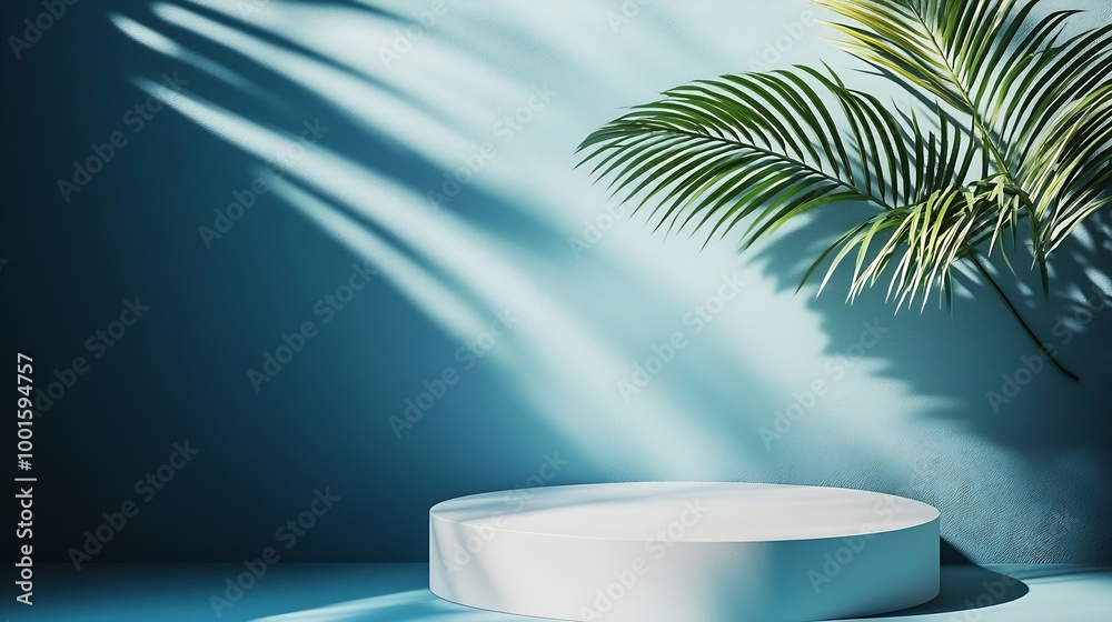 Poster An elegantly simple white podium setup with the serene shadow of a palm leaf cast on a smooth blue background : Generative AI