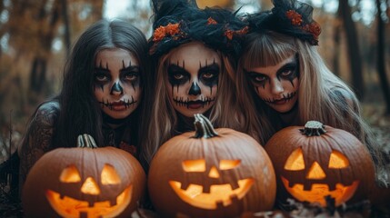 Fototapeta premium Halloween Celebrations with Witches and Pumpkins in an Autumn Forest Setting