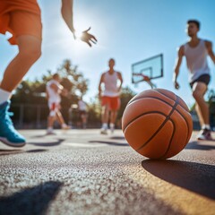 Naklejka premium Dedicated Basketball Players Practicing Drills on Sunny Outdoor Court for Fitness and Training Content