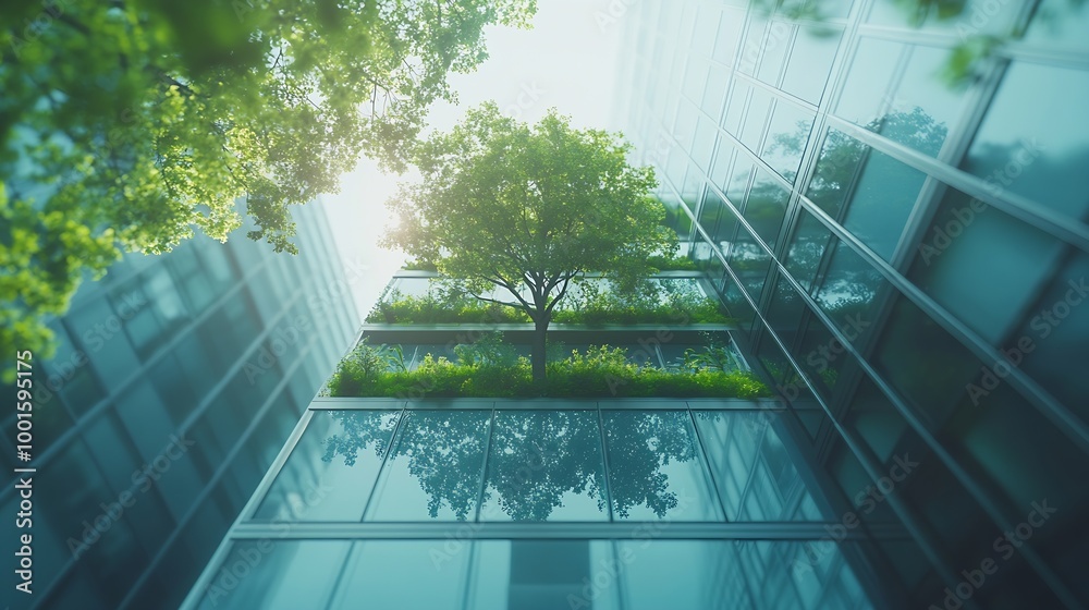 Aufkleber selective focus on tree and eco friendly building with vertical garden in modern city green tree for