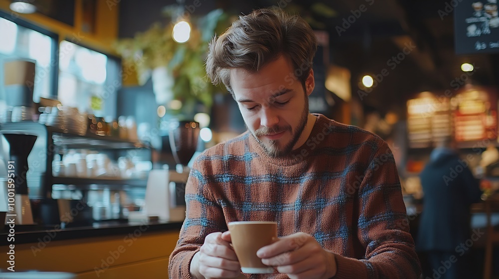 Poster Man Checking Emails Coffee Break Concept : Generative AI