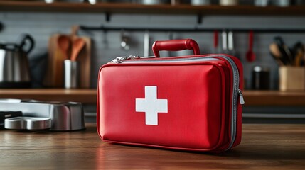 wooden table with a first aid kit in a box amidst kitchen utensils and appliances, representing domestic safety, health protection, and emergency preparedness