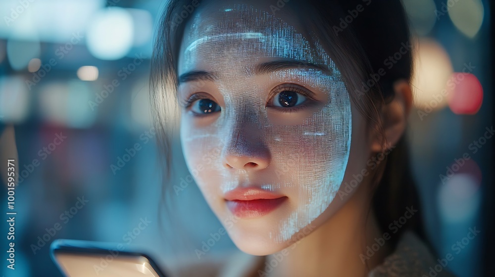 Poster Asian using mobile smartphone scanning  face ID to unlock phone security access with facial recognition technology for biometric identification future home living luxury tech : Generative AI