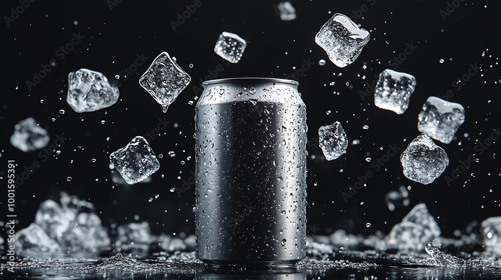 Poster Empty aluminium can mockup with flying ice cubes and splash isolated on black background : Generative AI