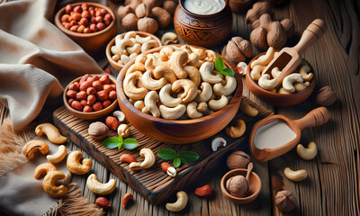 Fototapeta premium Schale mit frischen Cashews auf einem Holztisch , gesunde Cashew-Nüsse