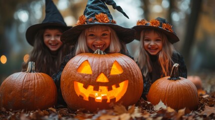 Fototapeta premium Halloween Celebrations with Witches and Pumpkins in an Autumn Forest Setting