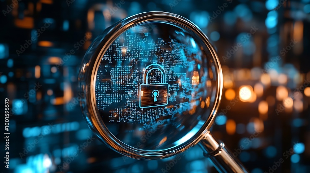 Poster Magnifying Glass Focusing on Padlock and User Login Interface for Online Security and Protection topics on data security online protection and user safetydigital privacy and secure log : Generative AI