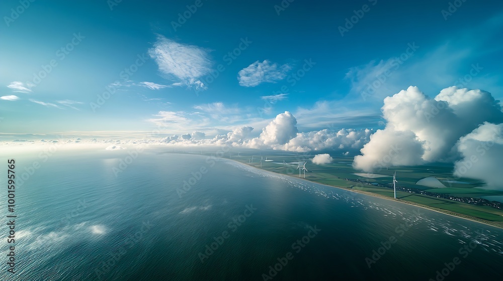 Poster offshore windmill park with clouds and a blue sky windmill park in the ocean aerial view with wind t