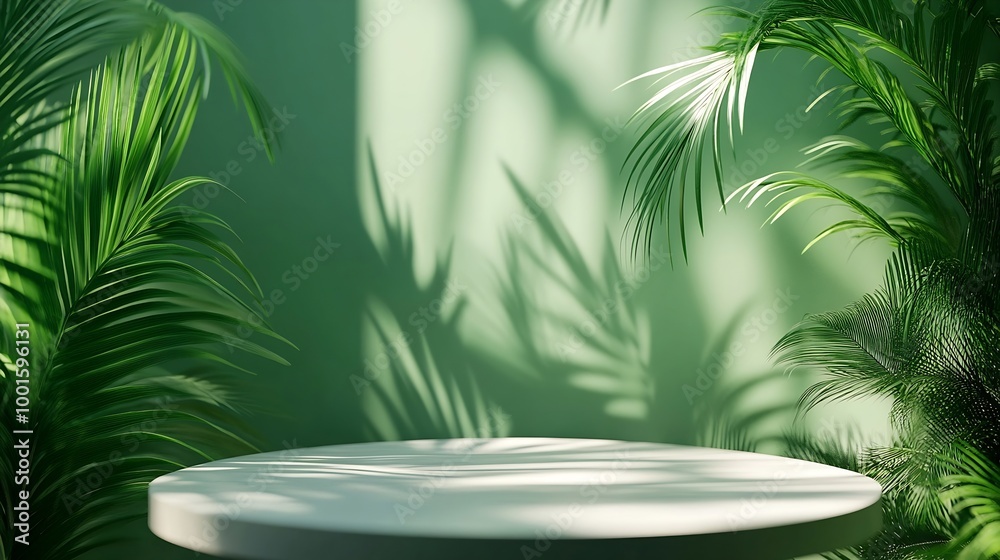 Fototapete Minimal abstract background for the presentation of a cosmetic product Empty premium podium with a shadow of tropical palm leaves on a green background Showcase display case : Generative AI