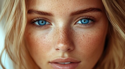 Obraz premium Freckles blonde woman portrait closeup blue eyed girl perfect skin : Generative AI