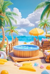 Hot Tub on Tropical Beach with Palm Trees, Blue Sky and Yellow Umbrella