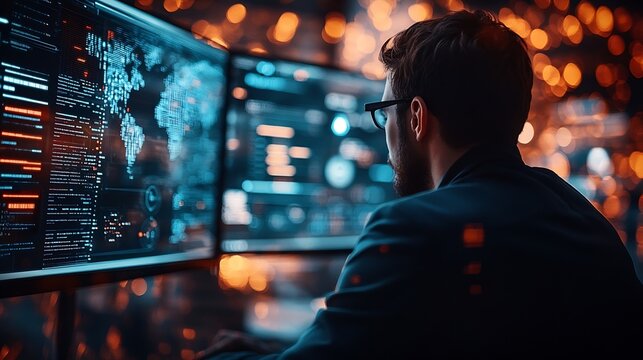 Data science business intelligence Business man using computer devices with internet global network technology and big data cloud computing AI software development digital technology : Generative AI