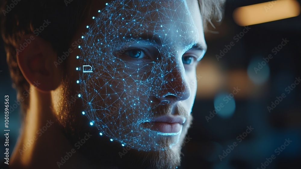 Aufkleber Facial recognition biometric security system cyber security network technology data protection concept Man using mobile phone with face scanning unlocked to access personal data and ne : Generative AI