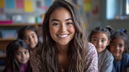 Fototapeta premium diverse students posing with a happy female teacher in an elementary classroom, creating a cheerful and inclusive school environment that celebrates learning and education