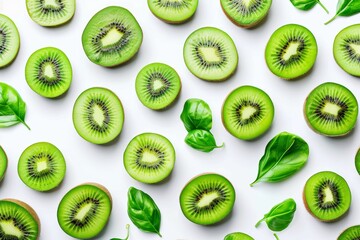 Fototapeta premium Fresh kiwi halves surrounded by vibrant green leaves on a crisp white background