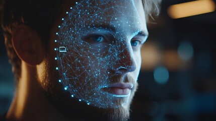 Facial recognition biometric security system cyber security network technology data protection concept Man using mobile phone with face scanning unlocked to access personal data and ne : Generative AI