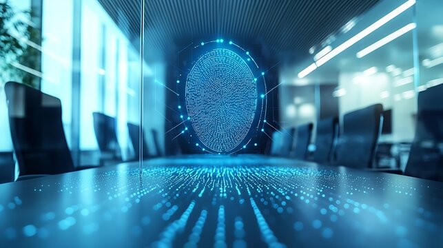 Image of viewfinder and thumbprint with connected dots over empty conference room Digital composite multiple exposure biometric security meeting office networking technology concept : Generative AI