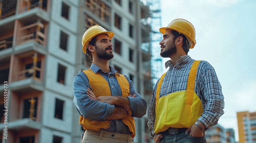 Poster Construction engineer and foreman having a discussion together at the construction site Construction or civil engineers discuss for a building plan and architecture development : Generative AI