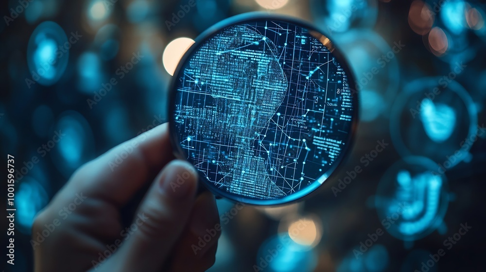Poster Know your customer KYC concept Person use magnifying glass focus to identity verification system for Increase financial security and access personal financial data Biometrics security : Generative AI