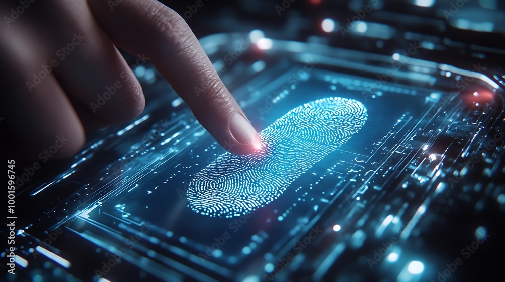 Poster businessman scan fingerprint biometric identity and approval concept of the future of security and password control through fingerprints in an immersive technology future and cyberneti : Generative AI